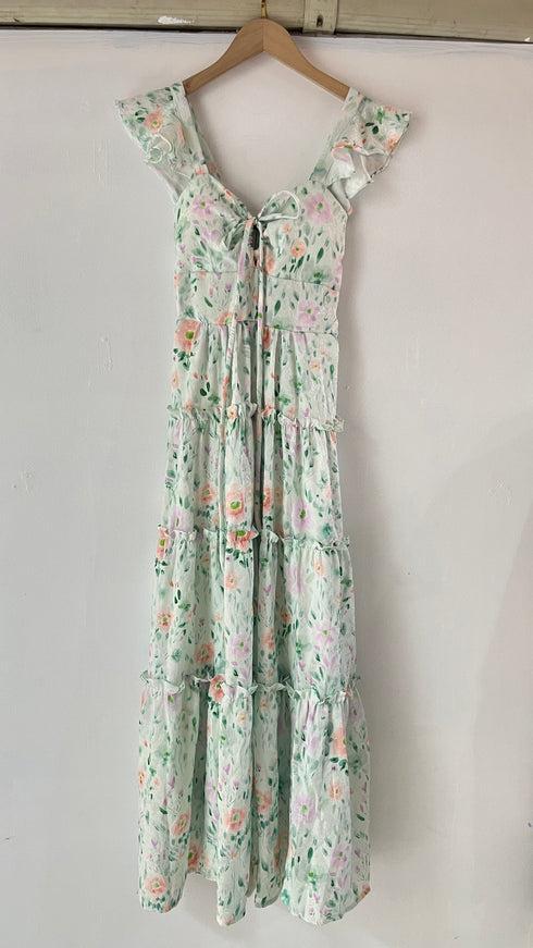 Vintage V Neck Ruffled Sleeve Midi Dress